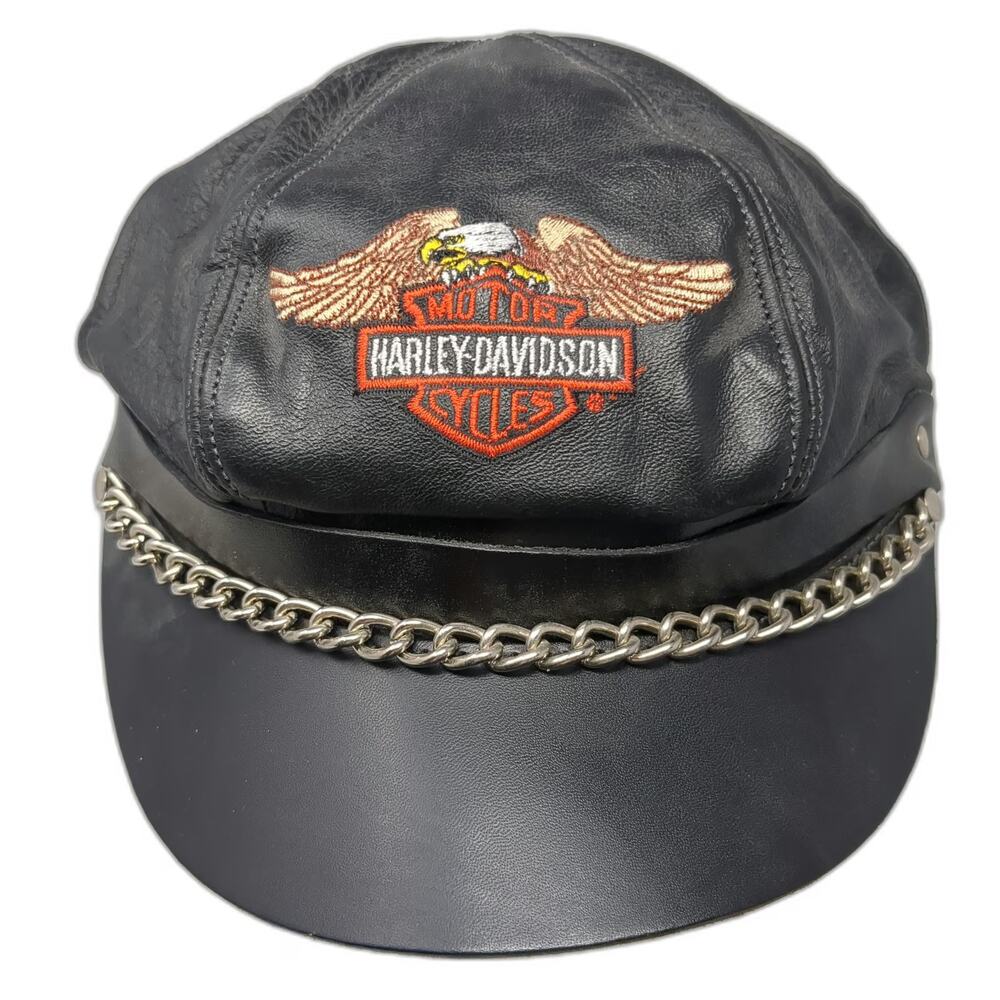 Harley-Davidson Army Cap Hat Black One Size Leather Chain Logo Embroidered Biker